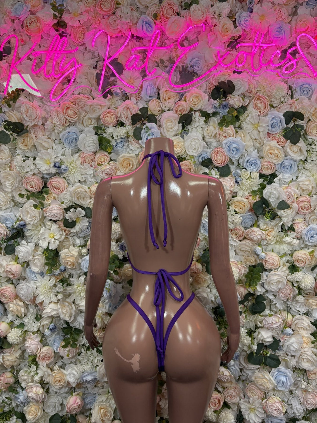 Purple triangle shimmer bikini set, back view with tie straps and cheeky bottom
