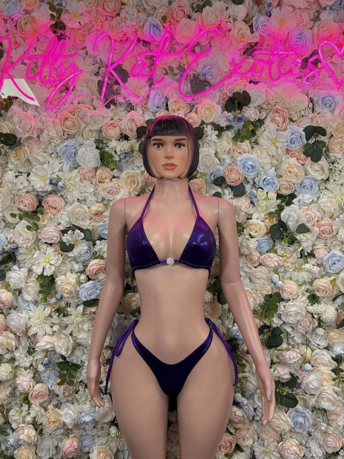 Deep purple halter bikini set with triangle top and string side briefs