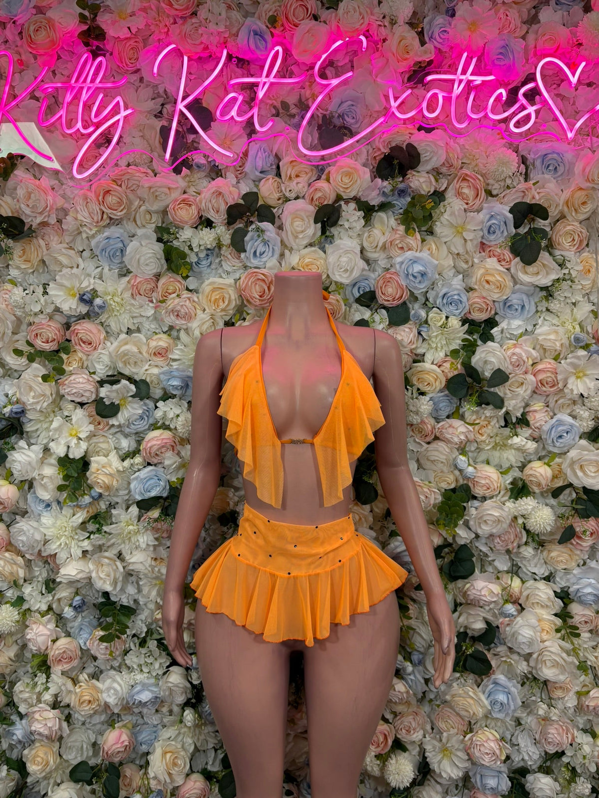 Golden yellow halter ruffle skirt set with plunge neckline and tiered skirt