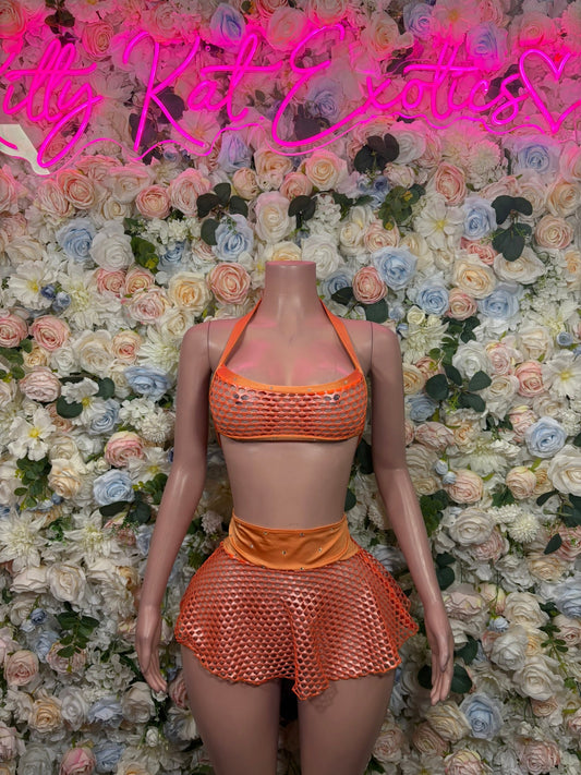 Orange fishnet halter bra top with ruched high-waist shorts, two-piece set