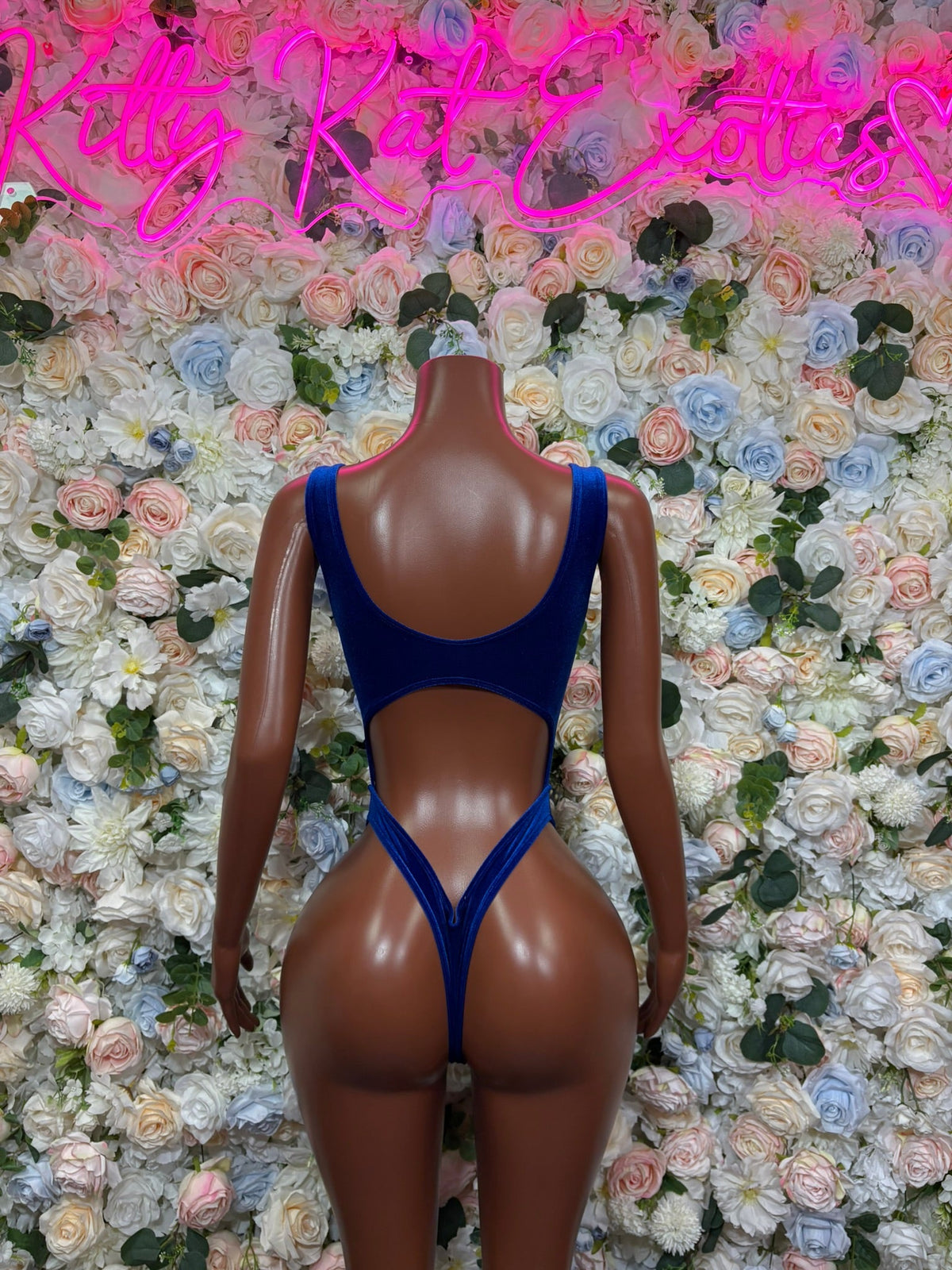 Royal blue keyhole cutout bodysuit with high-cut legs and back tie straps