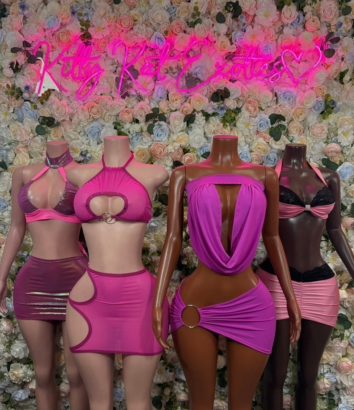 Purple draped halter top and wrap mini skirt set with ring detail