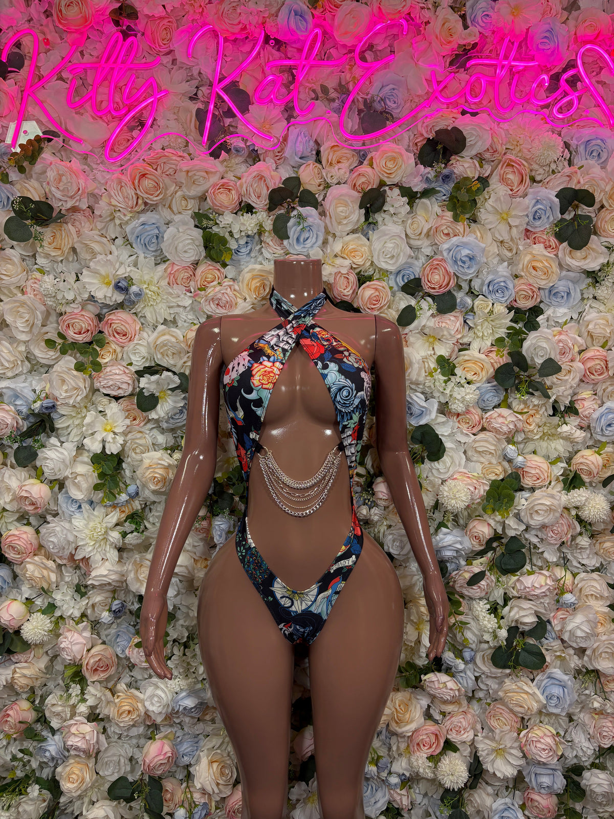 Multicolor floral cutout halter bodysuit with layered chain trim