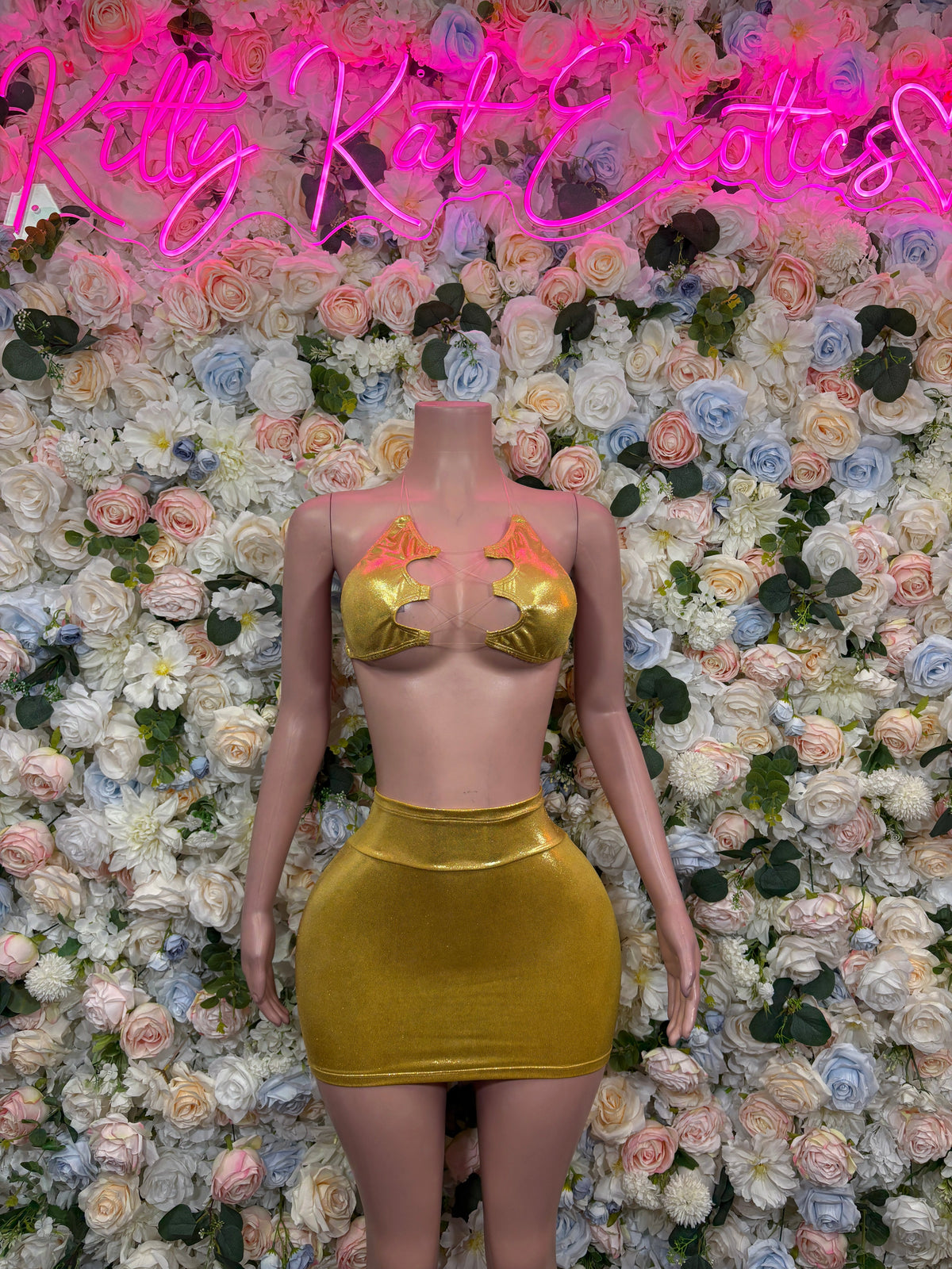 Yellow bandeau top and mini skirt dance set, halter tie, gold sequin sparkle