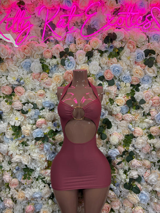 Mauve keyhole halter mini dress on mannequin, front ring and keyhole cutout