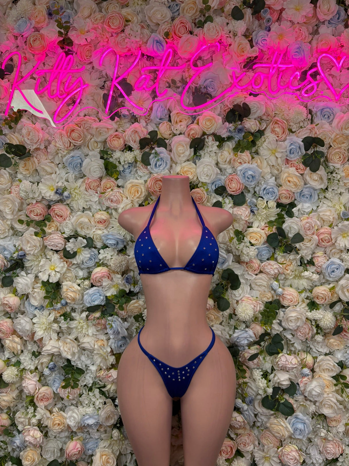 Royal blue sparkle triangle bikini set with triangle top and matching tie-side bottom