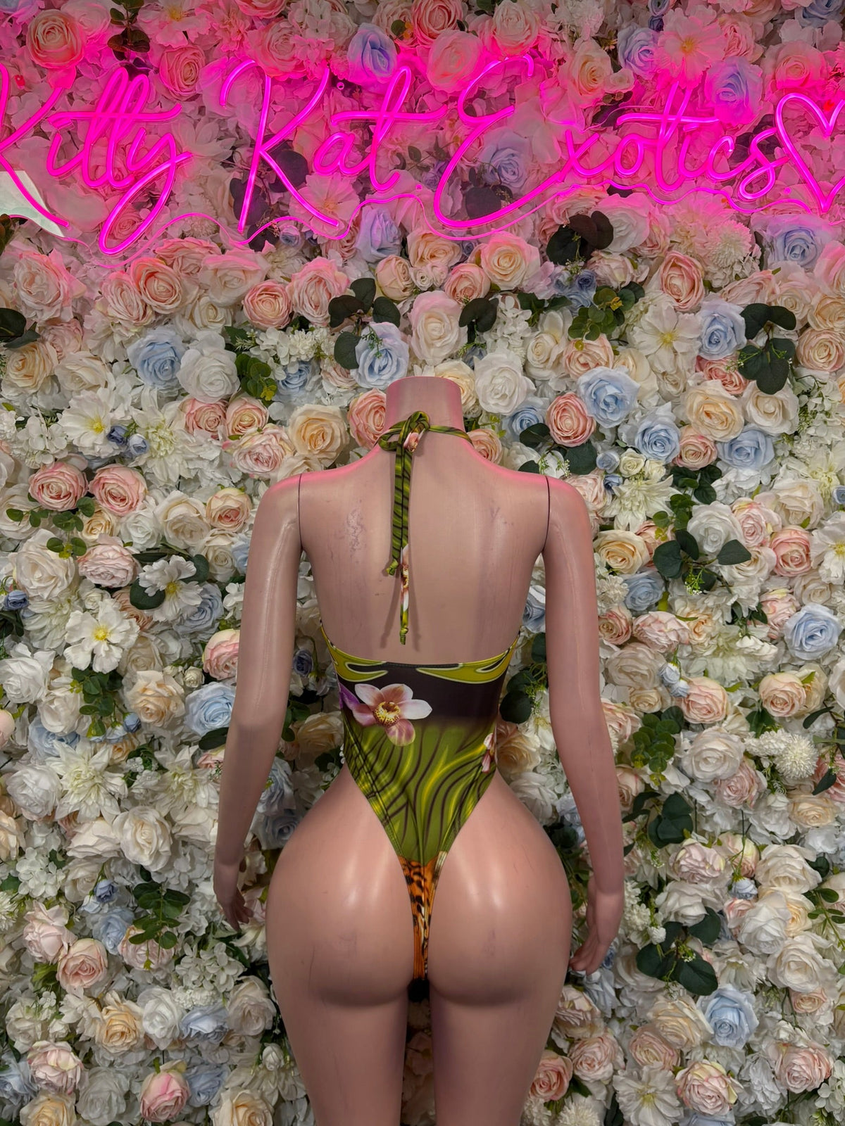 Green tiger-print keyhole halter bodysuit with open back strap detail