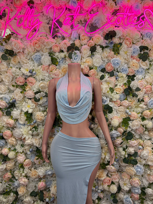 Light blue draped halter crop top and long skirt set, side view