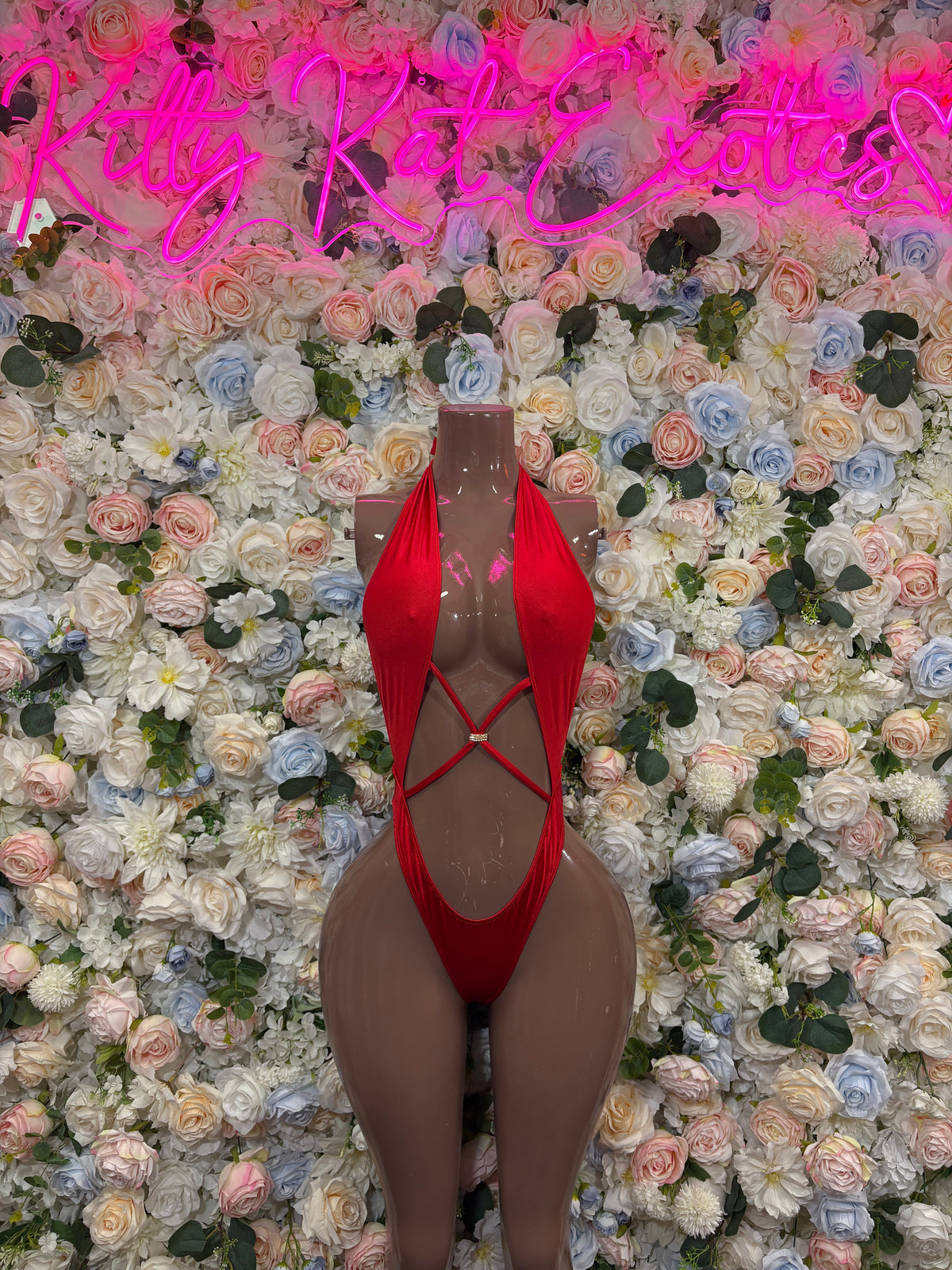 Red plunge bodysuit with lace-up V front and sheer high-cut mesh straps