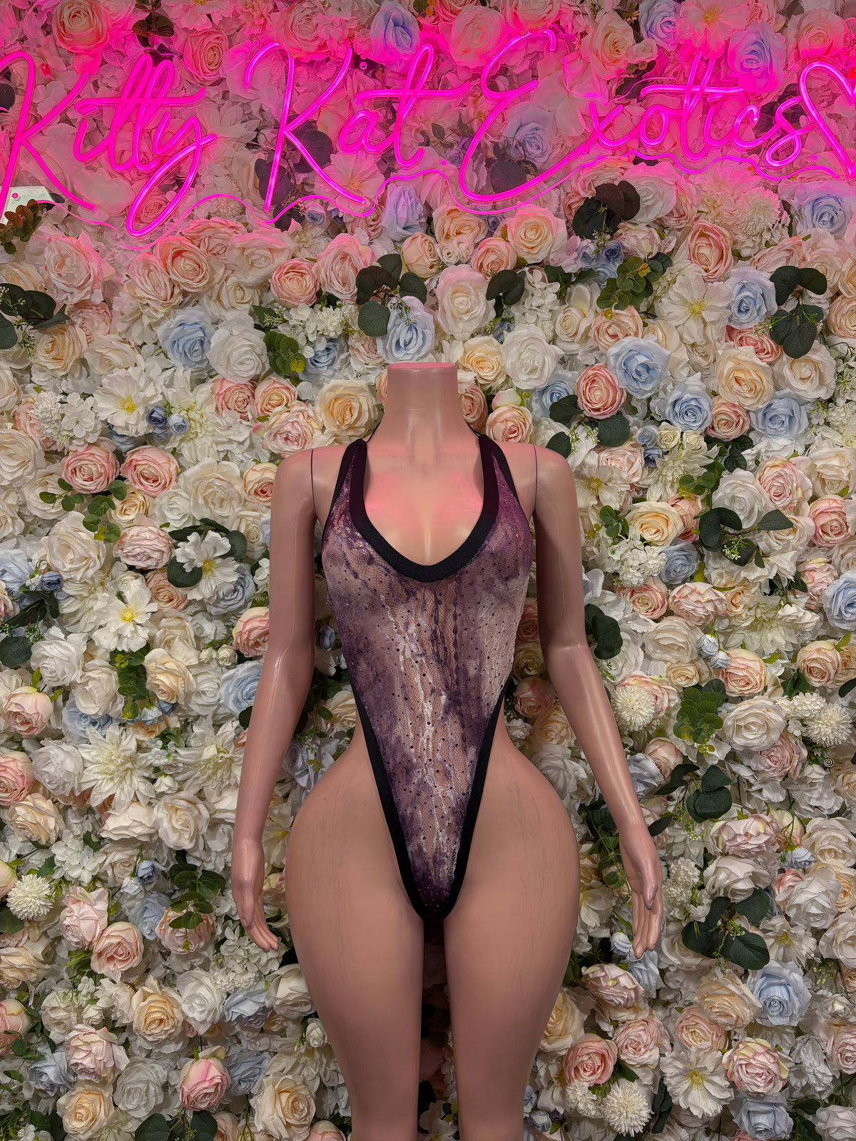 Black Sheer Lace Scoop Rave Bodysuit front view - KittyKatExotics