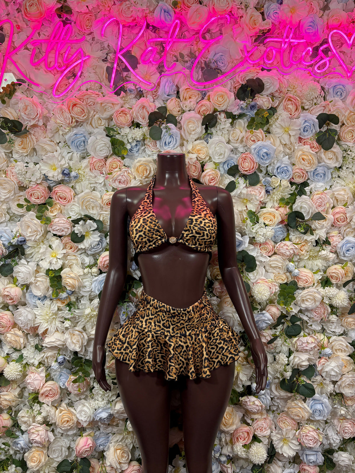 Leopard Print Lace Ruffle Skirt Two Piece Set front view - KittyKatExotics