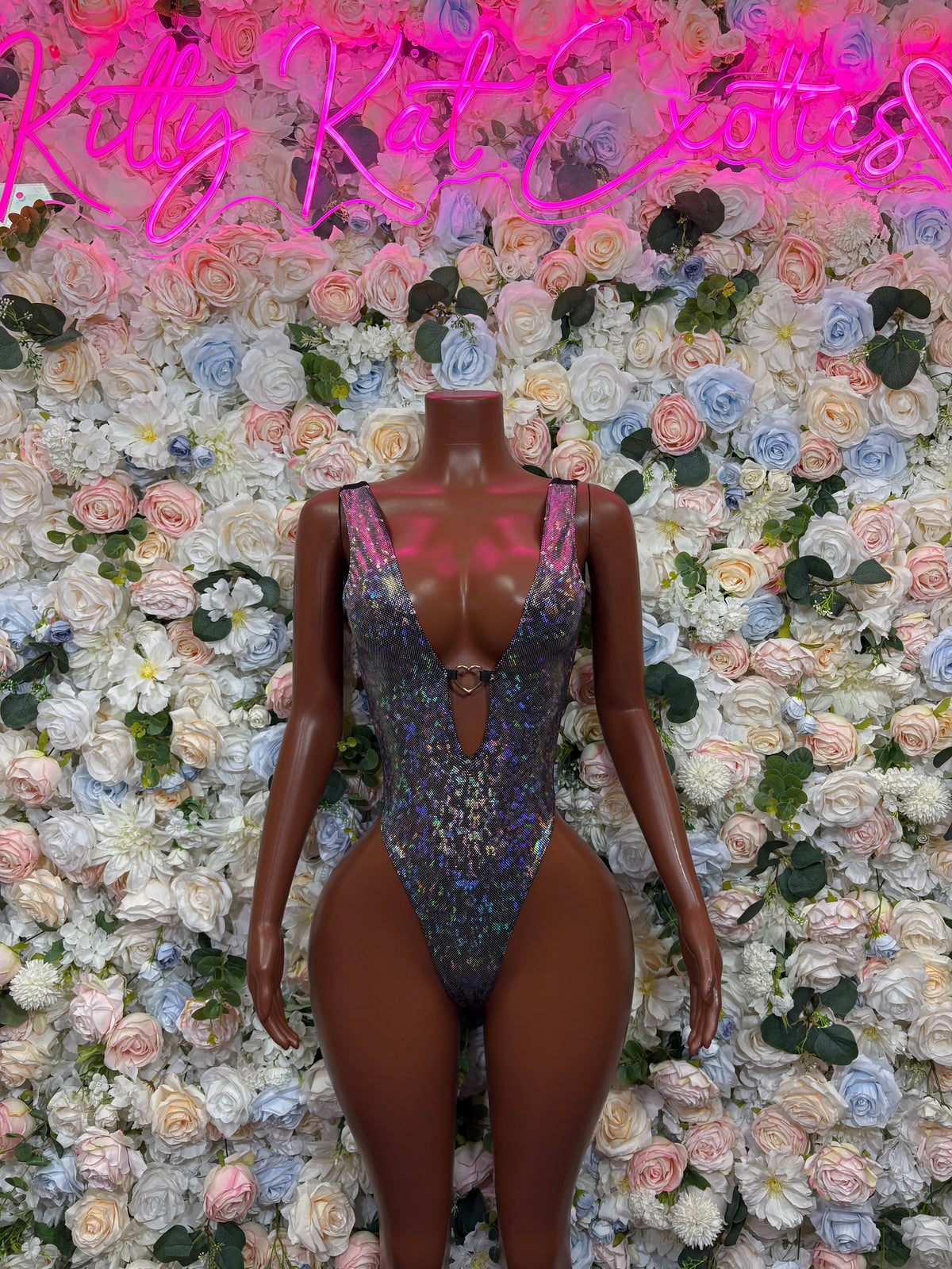 Blue Iridescent Sequin Plunge Bodysuit front view - KittyKatExotics