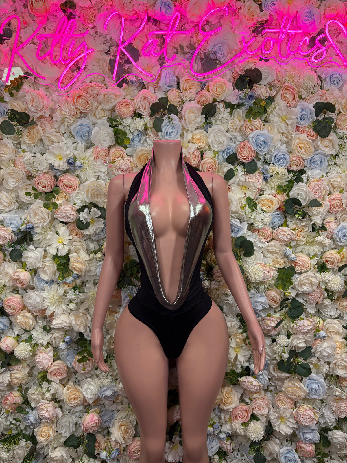 Black Metallic Deep Plunge Rave Bodysuit front view - KittyKatExotics