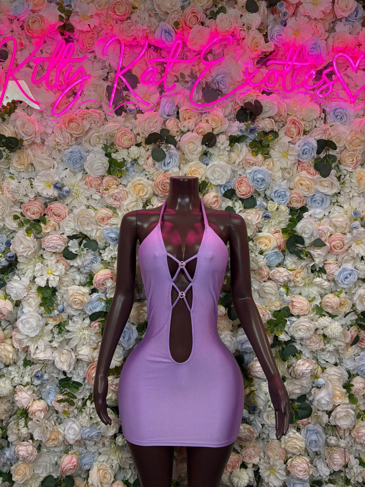 Lavender deep plunge mini dress with front lace-up