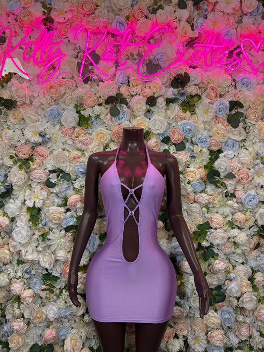 Lavender deep plunge mini dress with front lace-up