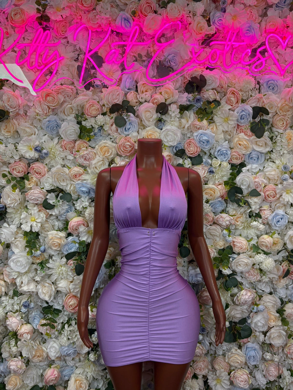 Lilac ruched halter mini dress, sleeveless fitted bodycon