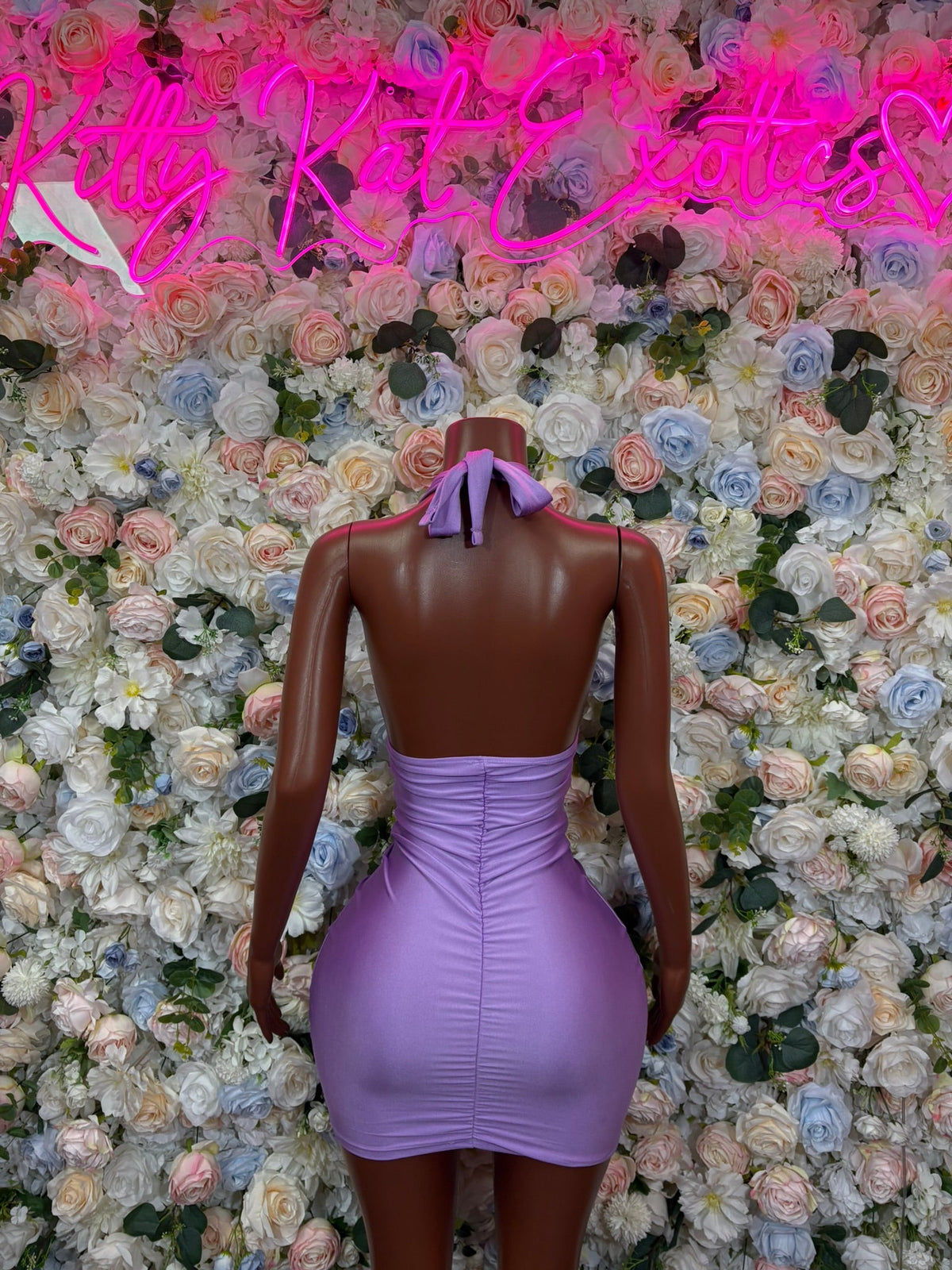 Lilac ruched halter mini dress with gathered waist detail