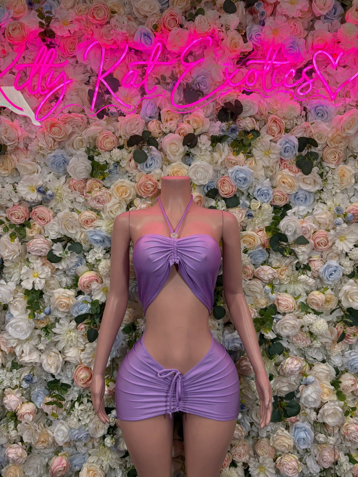 Lilac twist-front cutout mini dress with gathered ruched bust and waist