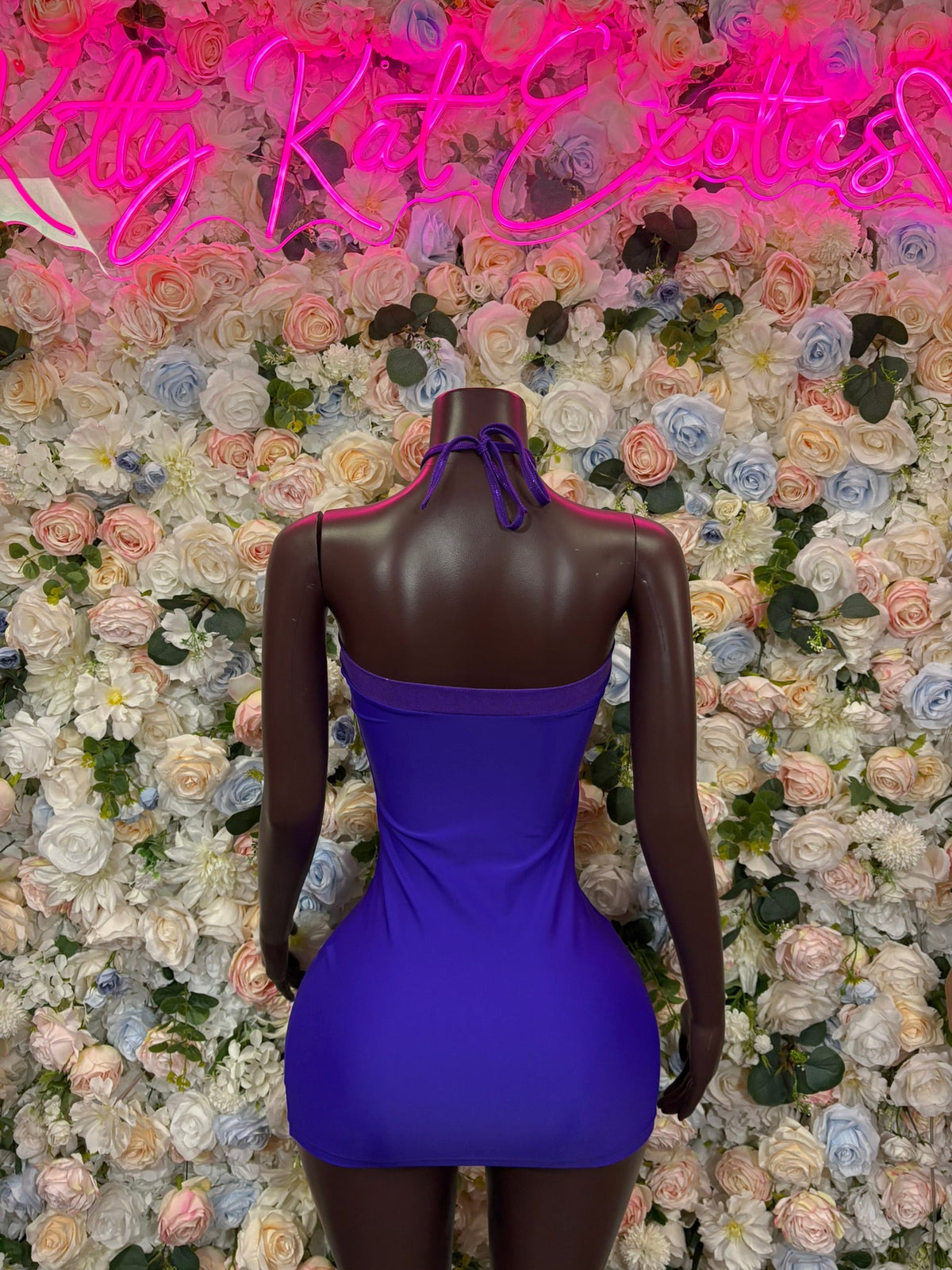 Royal blue mini dress back with lace-up straps and open back, bodycon fit