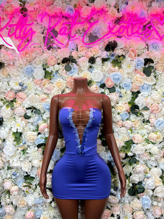 Blue lace-up mini dress with sweetheart neckline, corset-style front, fitted silhouette