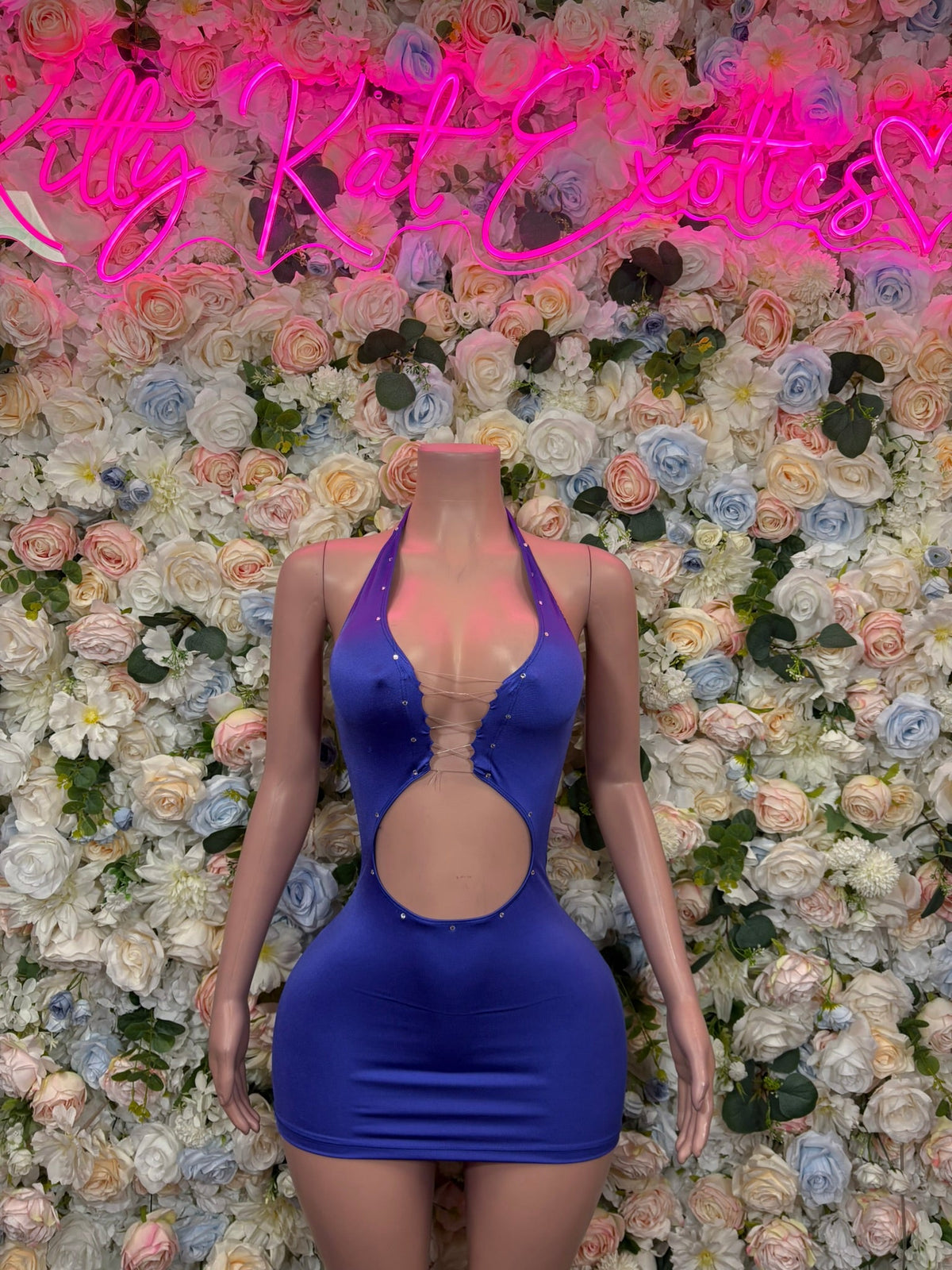 Royal blue O-ring cutout mini dress, sleeveless deep V front with center ring detail