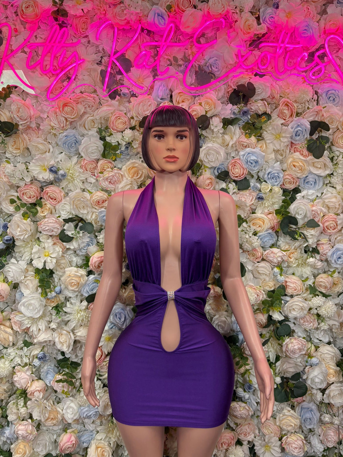 Purple halter plunge mini dress with front cutout