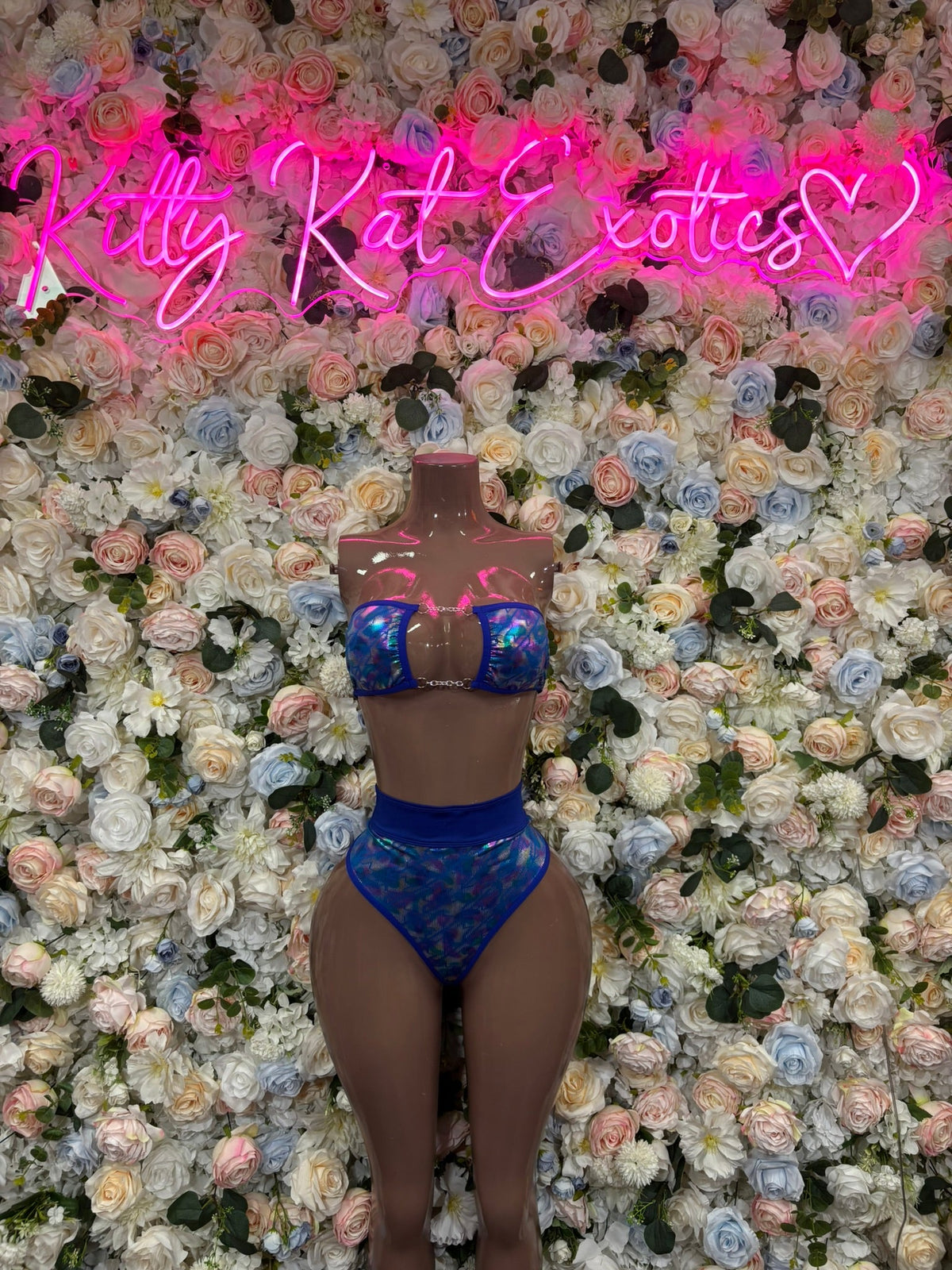 Royal blue rhinestone bandeau top with high-cut dancewear bottoms, front view