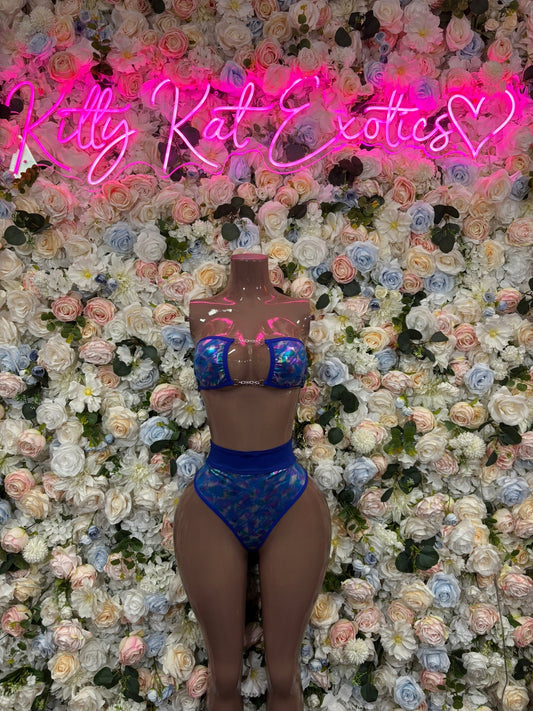 Royal blue rhinestone bandeau top with high-cut dancewear bottoms, front view