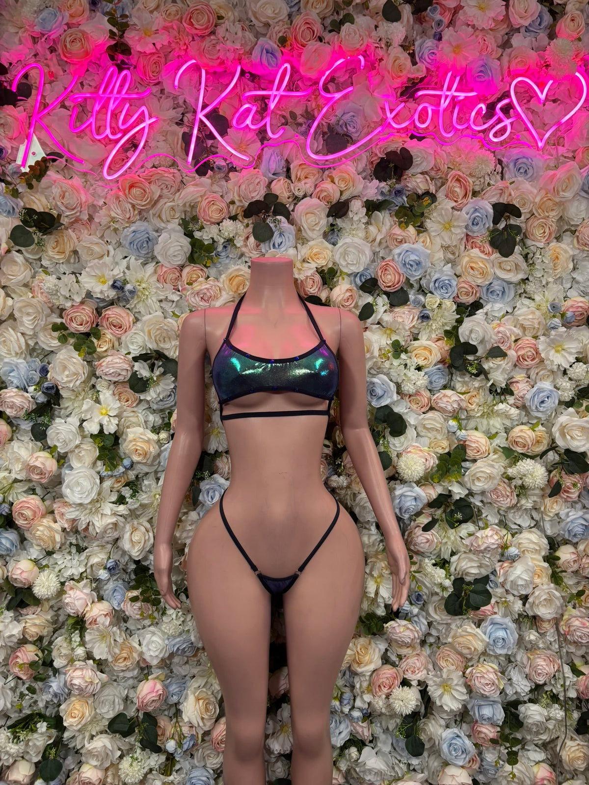 Teal iridescent one-shoulder micro bikini set with strappy triangle top and tie-side thong