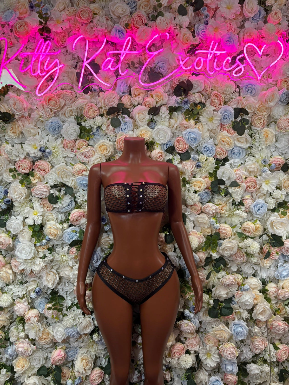 Black studded strapless micro bikini set, front view with matching high-cut bottoms