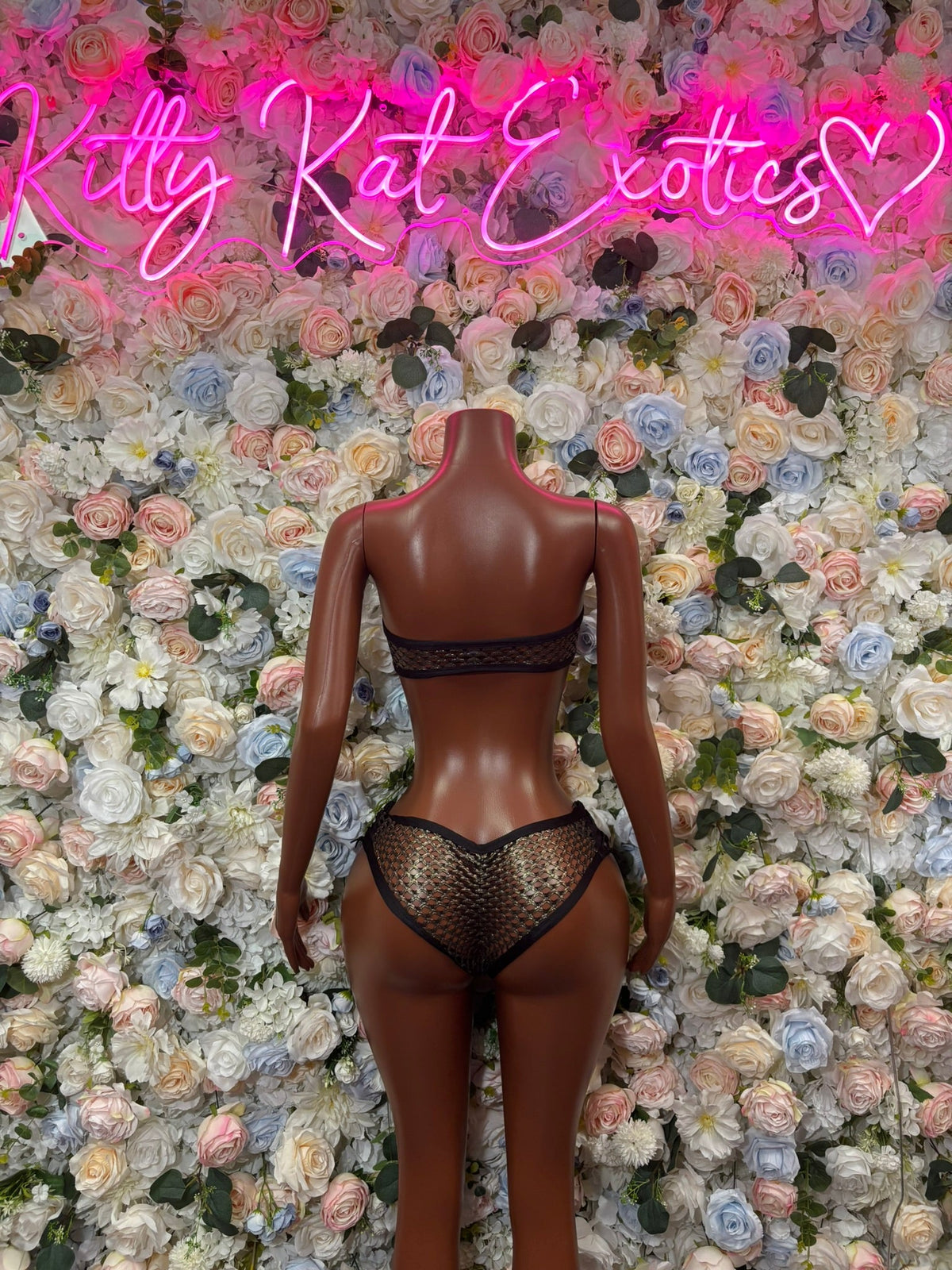 Black studded strapless micro bikini set, back view with matching high-cut bottoms