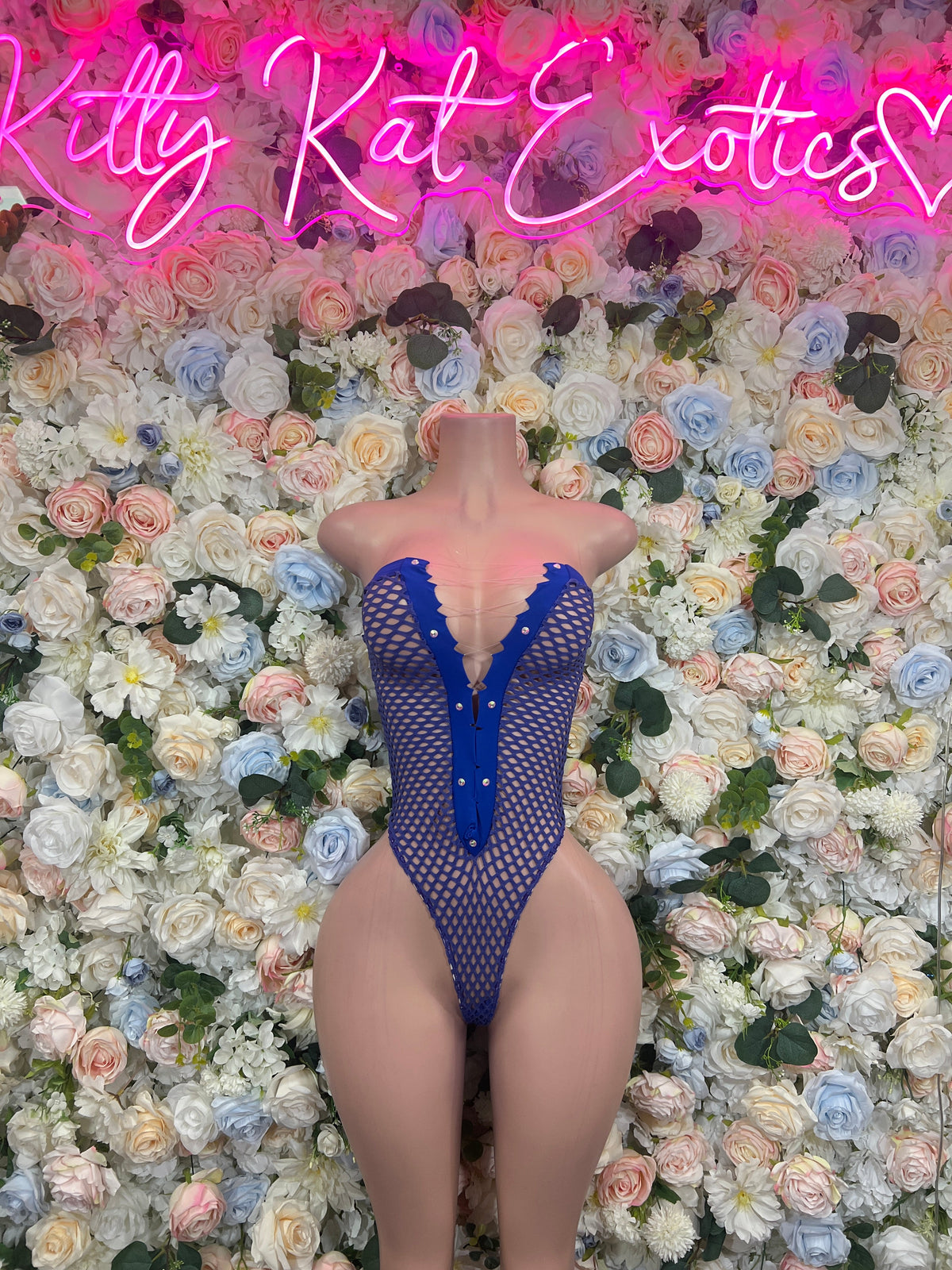 Blue rhinestone cutout bikini dancewear set, front view