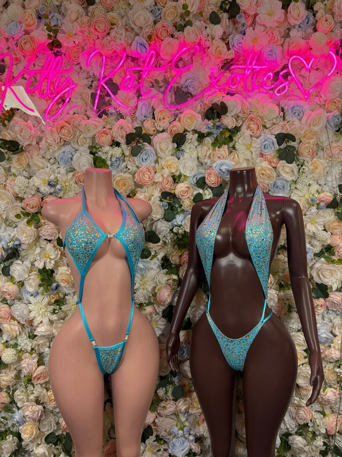 Front view aqua cheetah-print one-piece bodysuit with thin blue straps