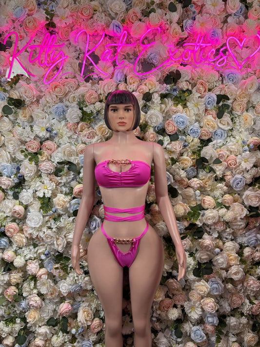 Hot pink chain-detail string bikini set, front view