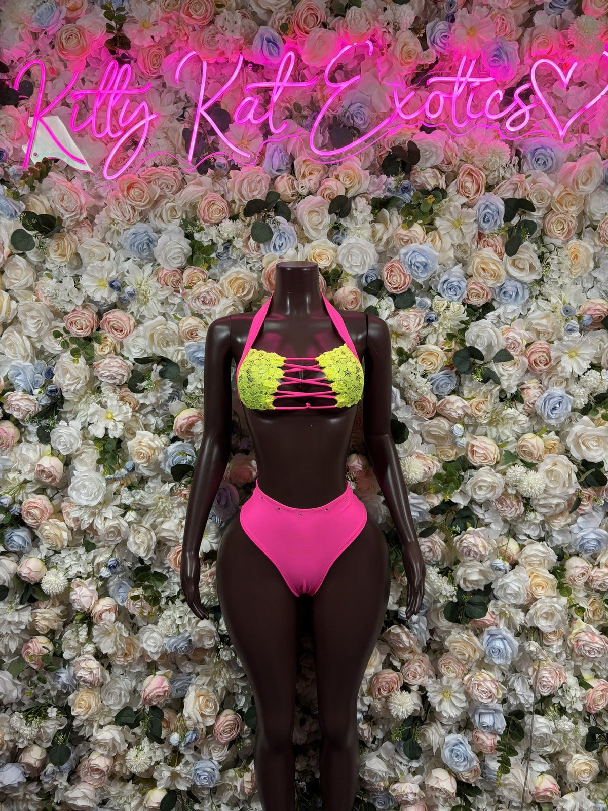 Neon yellow and pink triangle bikini set with matching high-cut bottoms