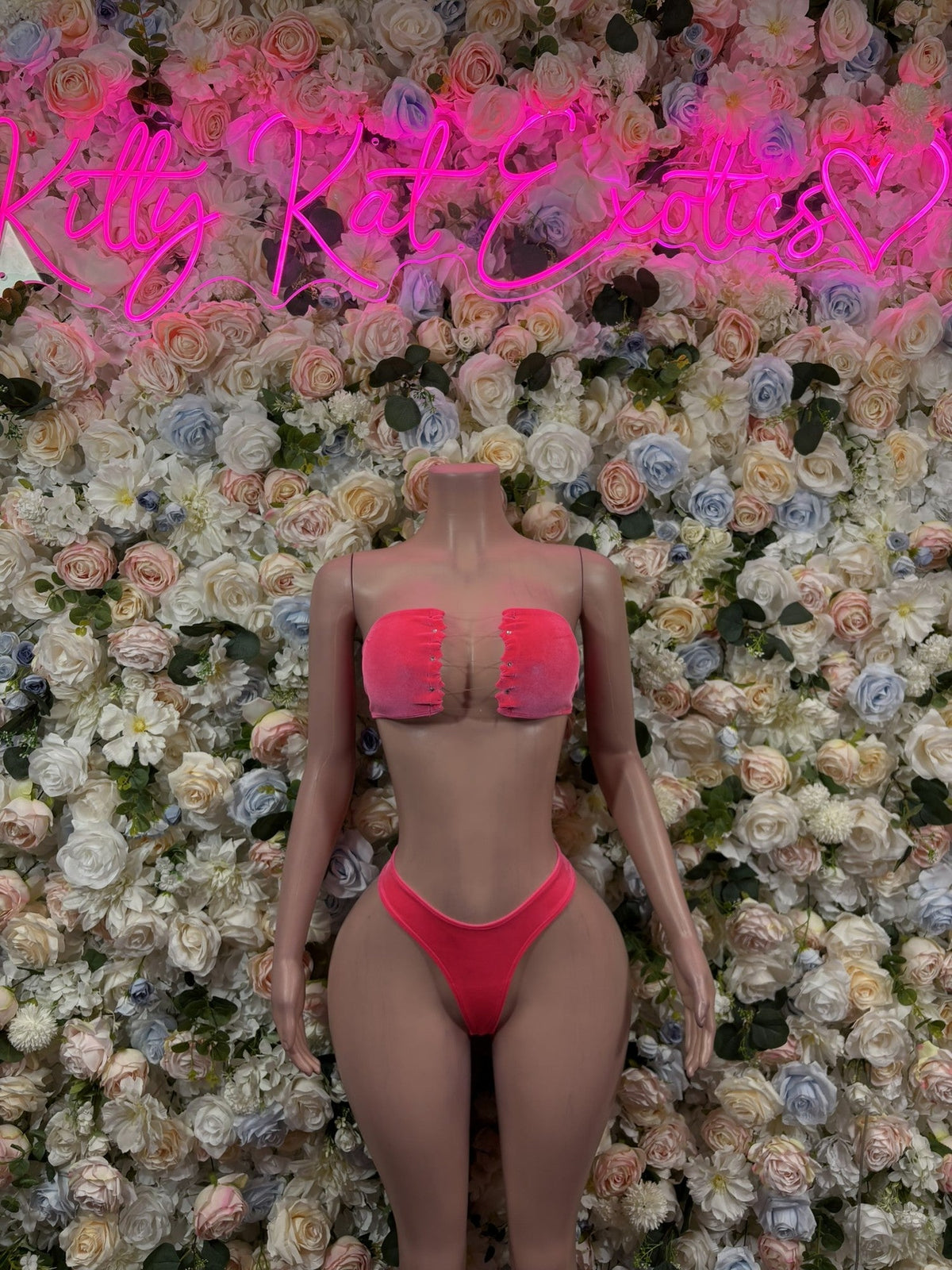 Pink rhinestone bra and thong set, front view with jeweled cups