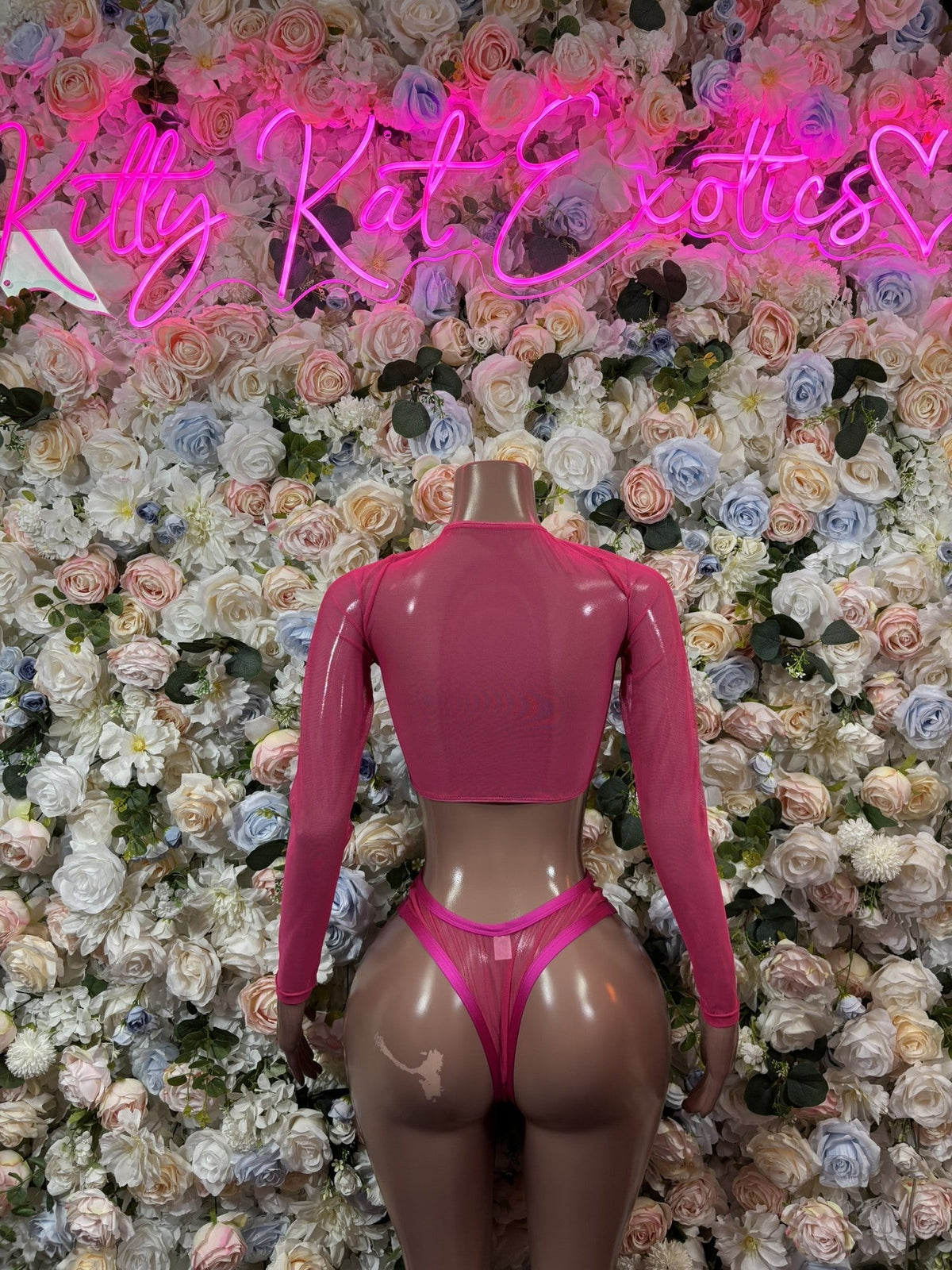 Pink long-sleeve cutout crop top and thong set, back view with open back