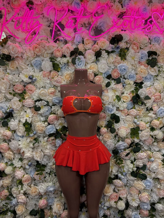 Red halter top with heart-shaped chest detail and ruffle skirt set