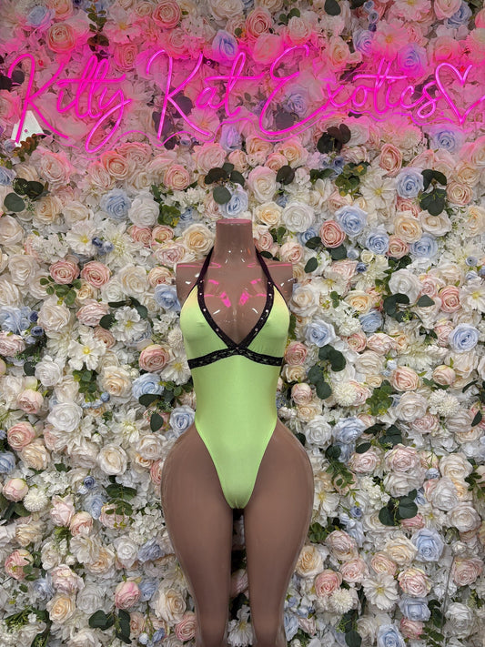 Neon green and black one-piece swimsuit with plunging neckline and contrast straps