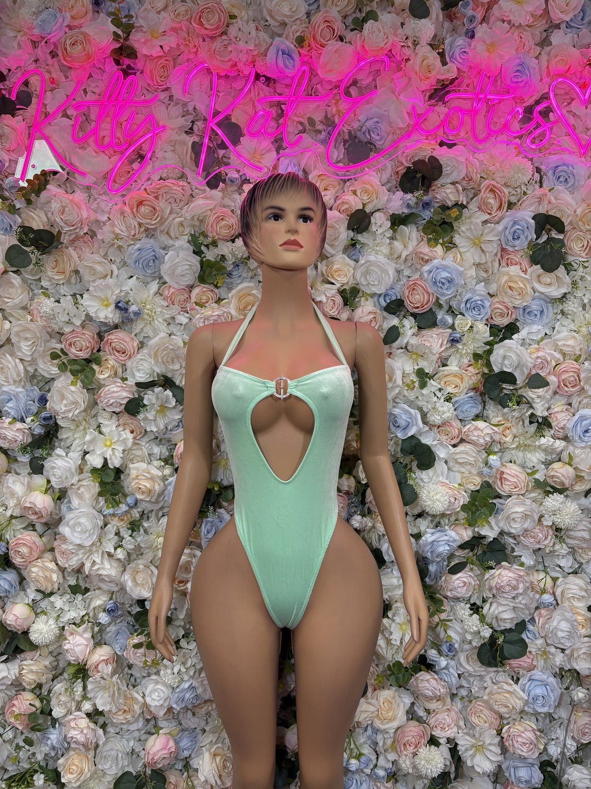 Mint green keyhole one-piece swimsuit with front cutout and adjustable straps