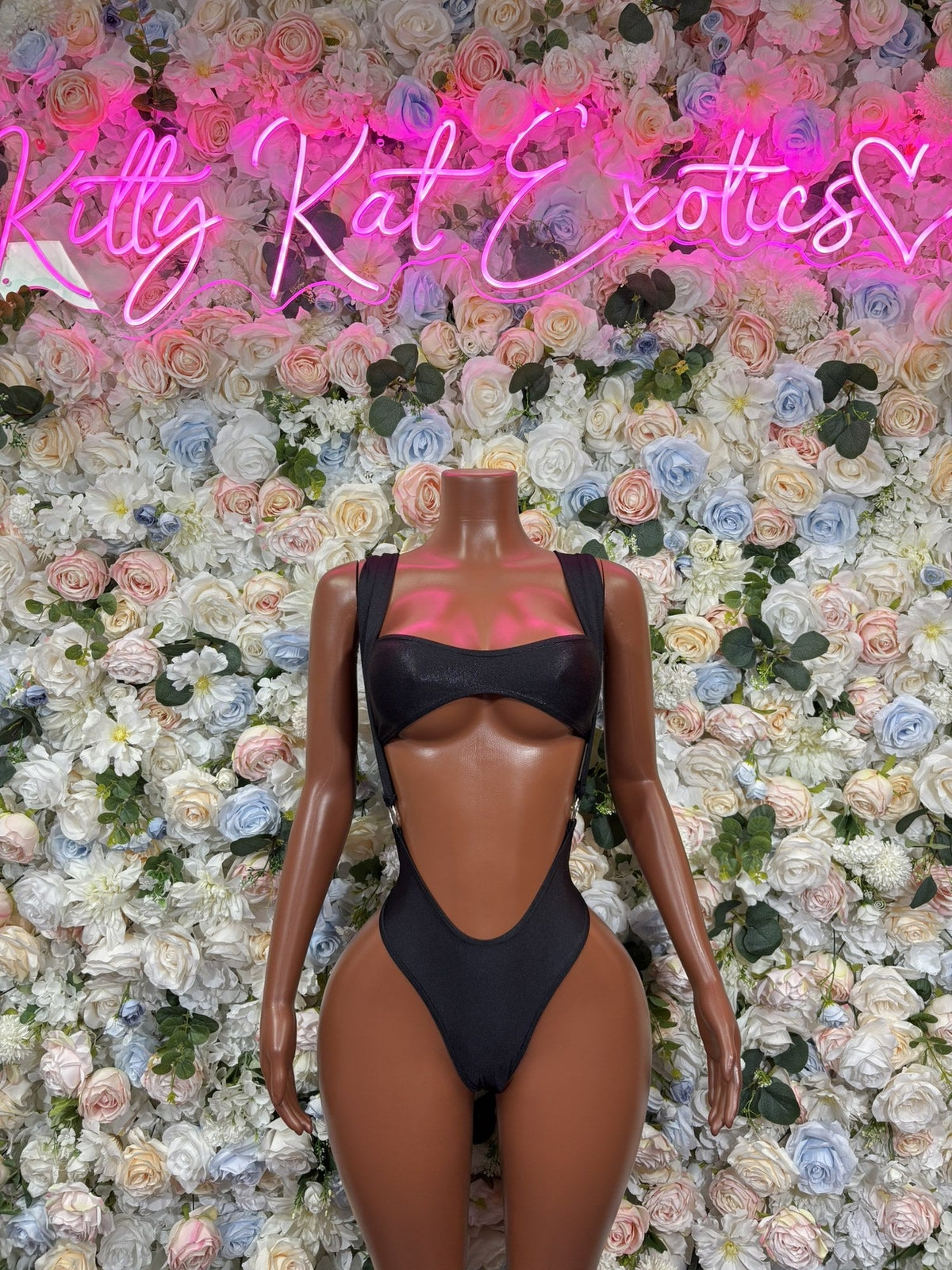 Black cutout two-piece dancewear set with a bandeau top and high-cut bottoms