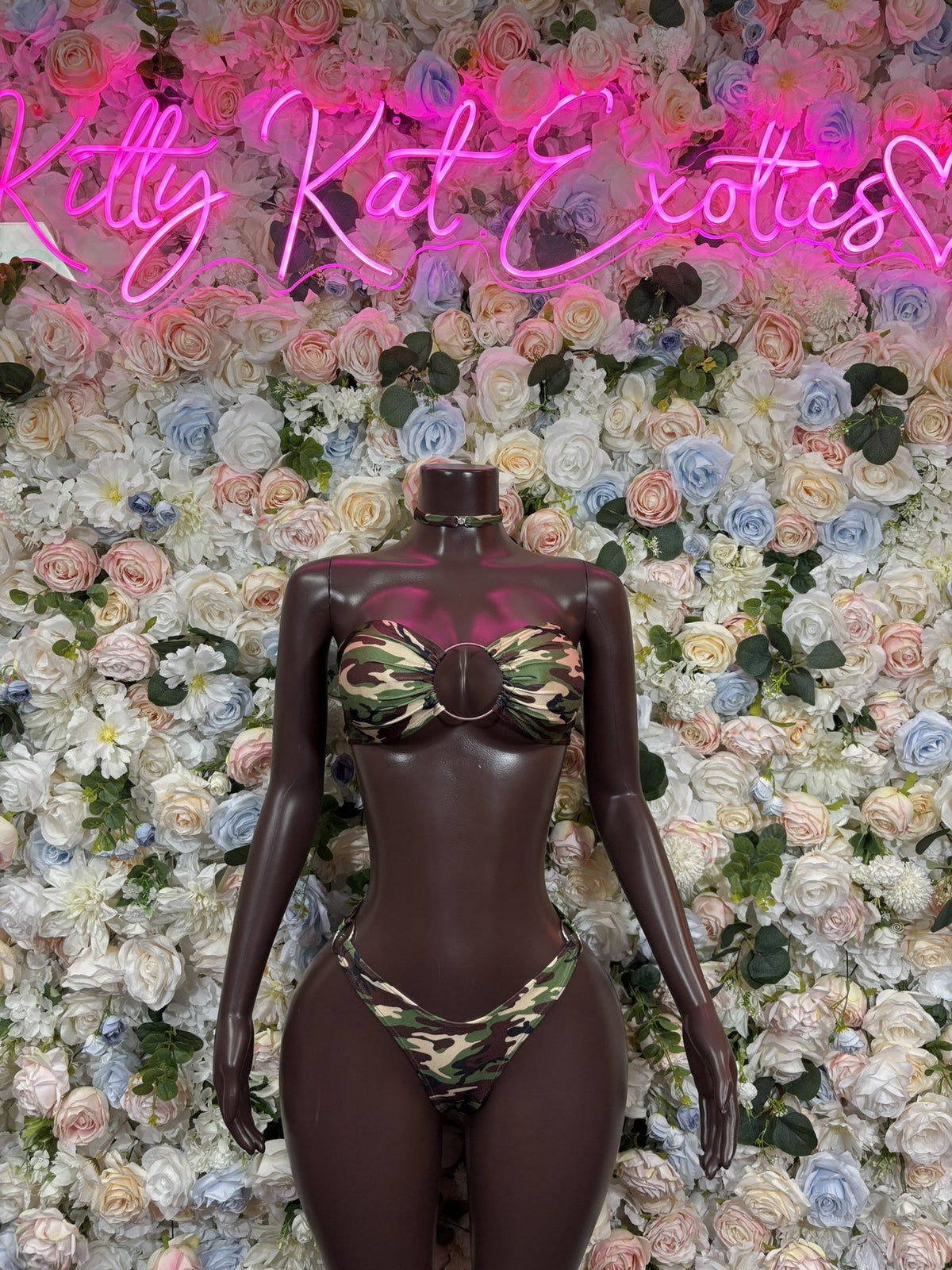 Olive green and gold cutout two-piece set with a bandeau top and matching high-cut bottoms