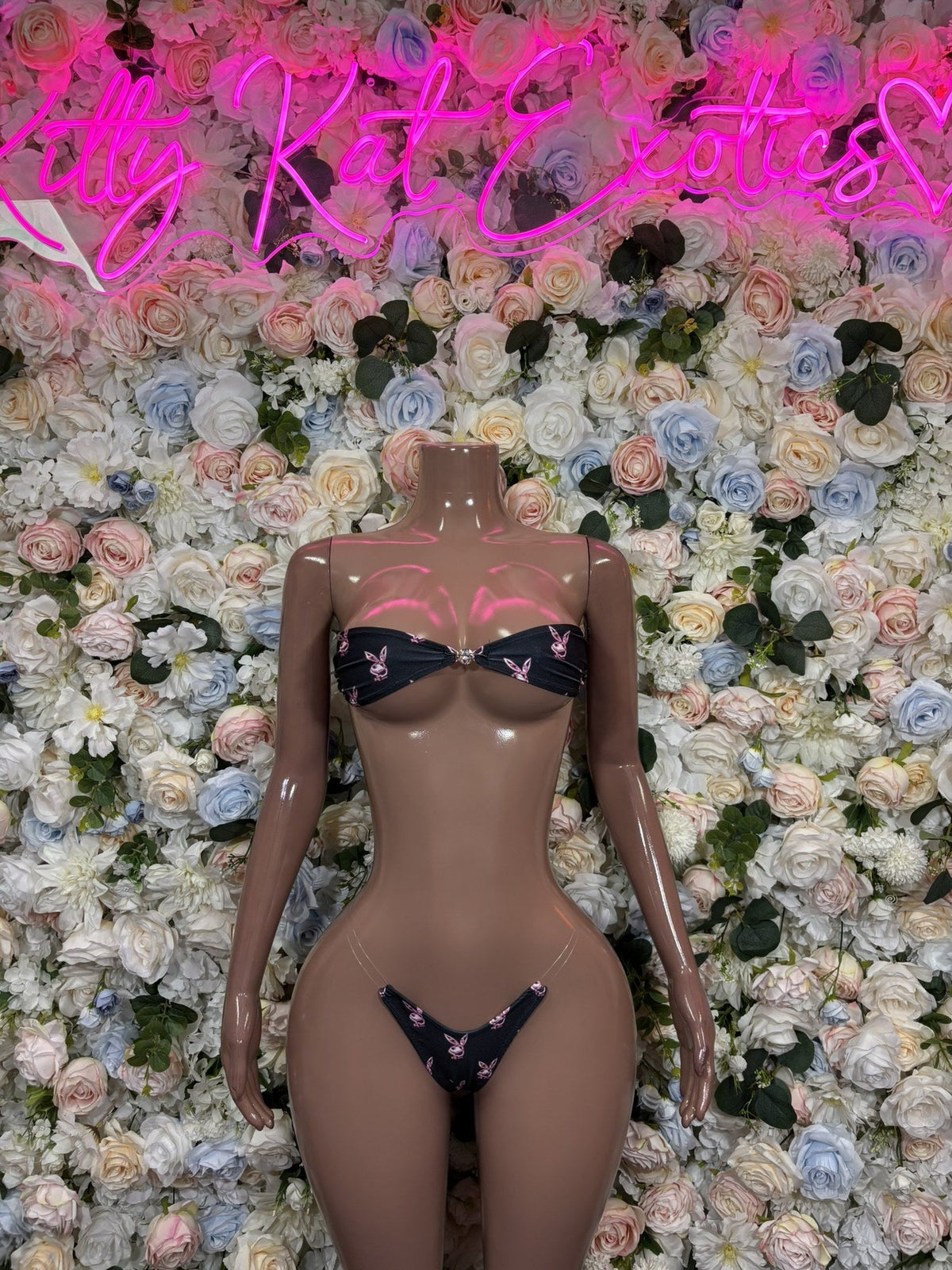 Black rhinestone bra and thong set with sparkling embellishments on the cups and thong