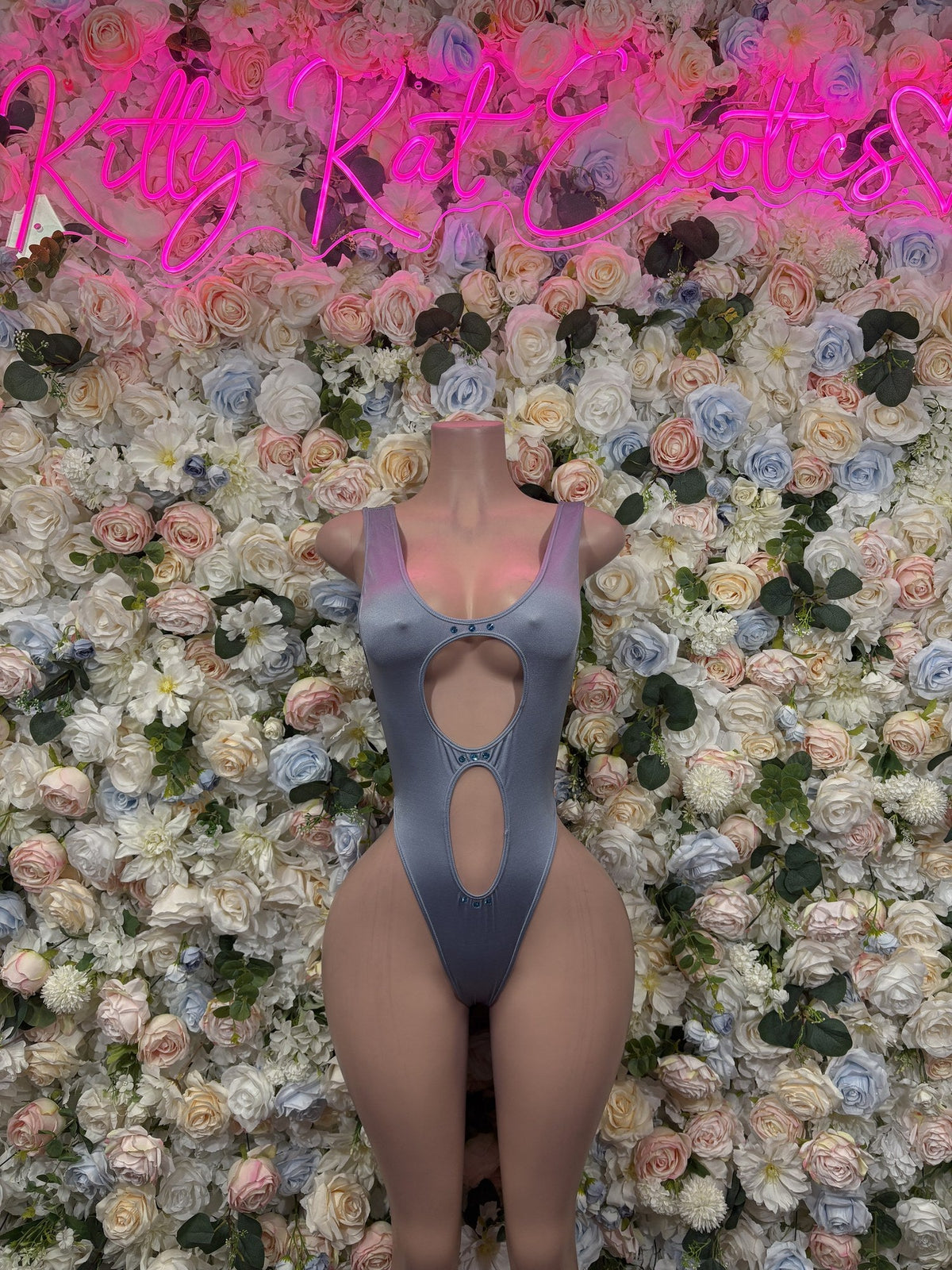 Lavender blue keyhole cutout bodysuit with wide straps and two front openings