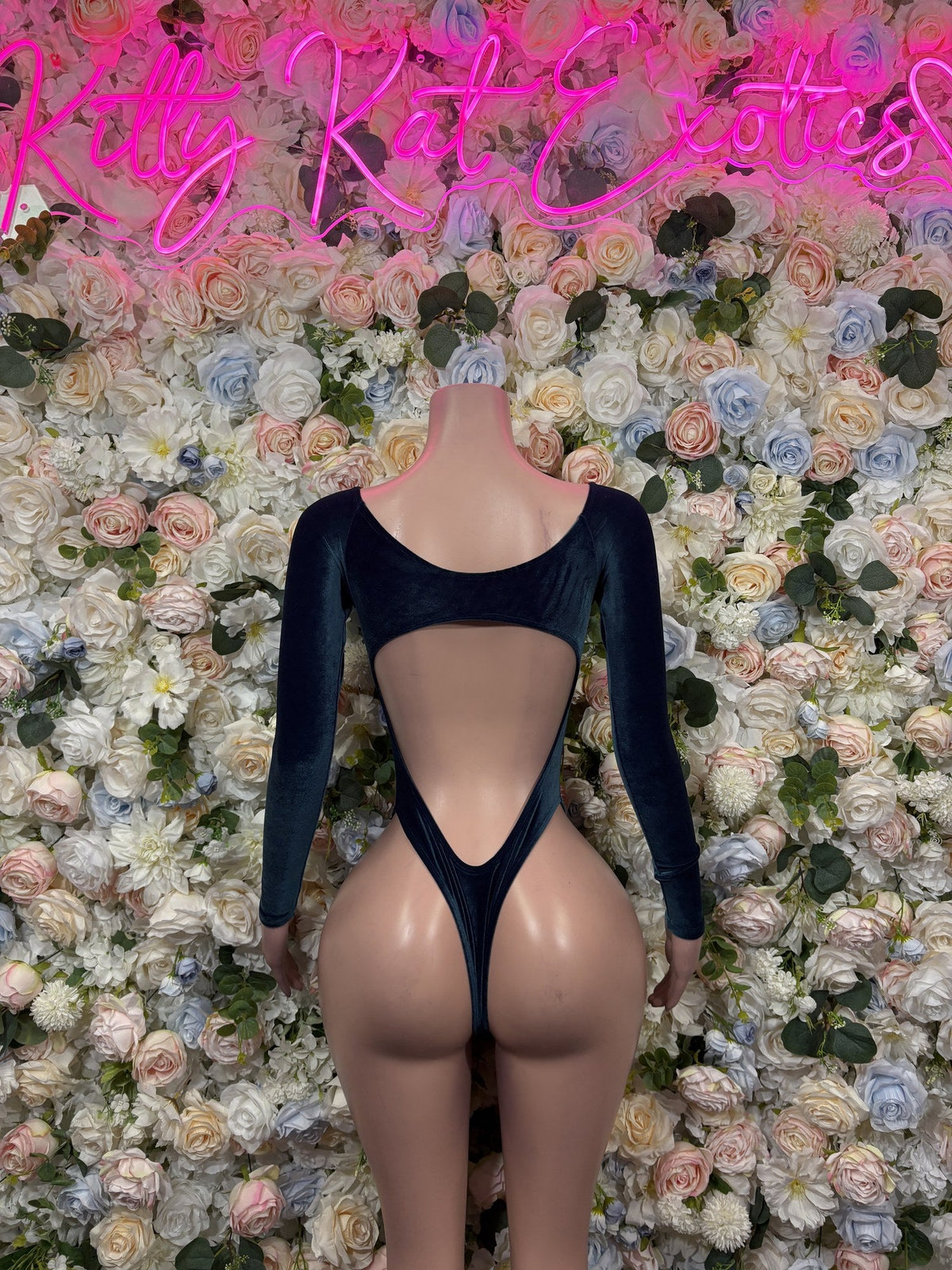 Navy long-sleeve bodysuit back with low scoop and high-cut leg openings