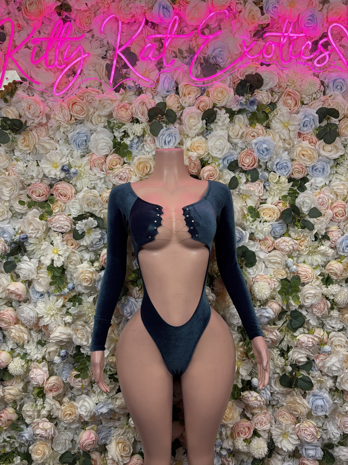 Navy long-sleeve plunge bodysuit with deep front cutout and scalloped edges