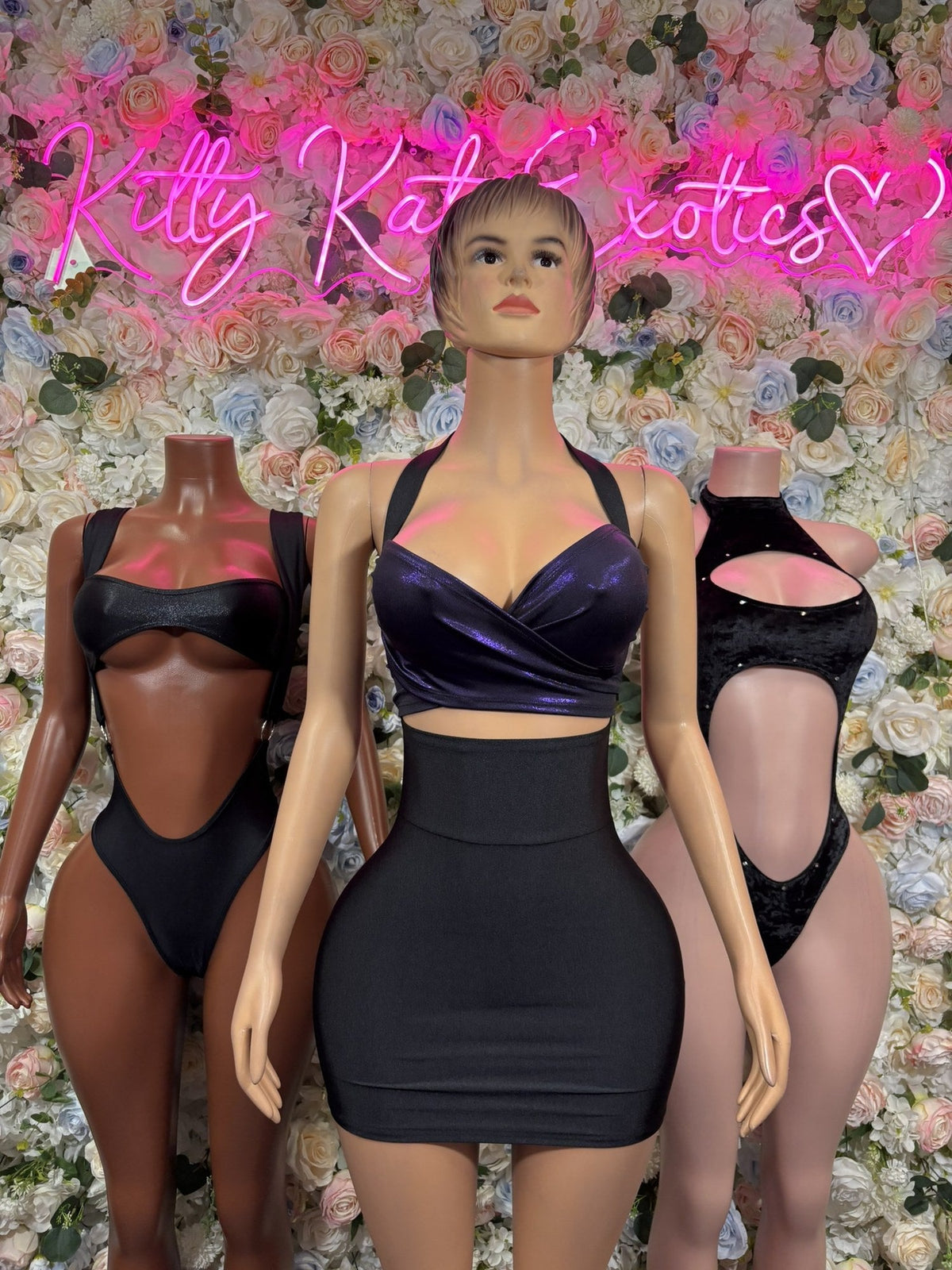 Navy crop top and fitted mini skirt set with glossy wrap-front top and high-waist skirt