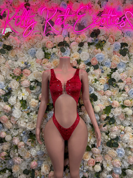 Red rhinestone cutout bodysuit with plunging neckline and oval back cutout