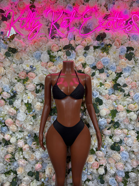 Black mesh triangle bikini set on mannequin, underwire triangle cups and tie-side bottoms