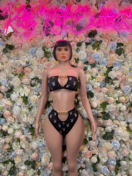Black heart-print bandeau bikini set with matching high-waist bottoms